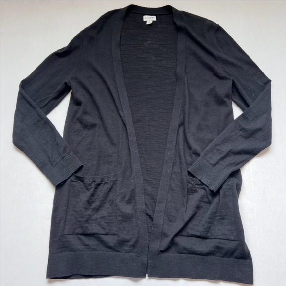 J Crew Long Black Cardigan Sweater Open Front Pockets Light weight cardi layer - Picture 1 of 3